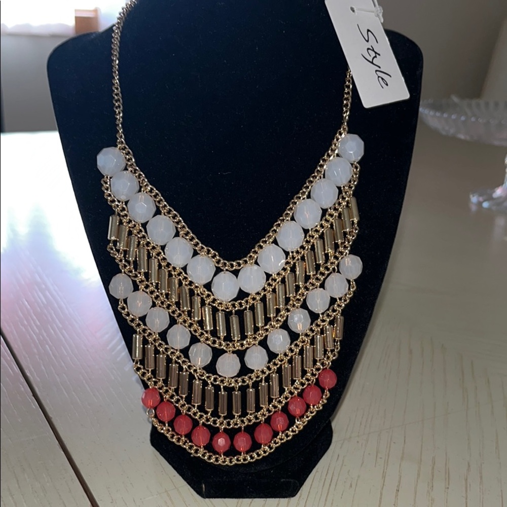 Elegant Gold and  Clear and Coral Layered Necklace